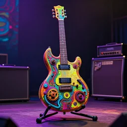 guitar on a stand on a stage with a guitar amp, the guitar is futuristic steampunk style, textured with gears and tubes, 8 k, fluorescent colors, halluzinogenic, multicolored, exaggerated detailed, unreal engine - h 7 6 8