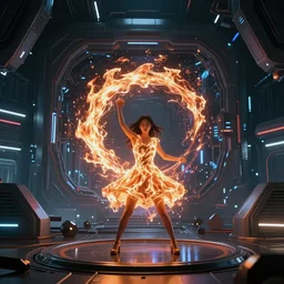 a girl like yoona, in a glowing skirt, casting fire spell, background cyberpunk spaceship, full shot, photo, geometries, Fibonacci volumetric lighting, epic composition, intricate details, dark neon punk, by denis villeneuve and WLOP