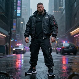A broad shouldered, muscular man wearing Acronym p-31 Ds pants and J1W-GTPL jacket and Nike Acronym presto sneakers, Police sirens shining in far background, trending on r/techwearclothing, high quality, digital art, dirty cyberpunk city, rain, greg rutkowski