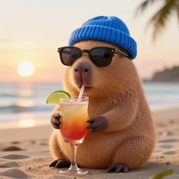 a photorealistic photograph of a knitted cute Capybara dressed in sunglasses and a blue beanie cap. The subject is sipping a refreshing Mai Tai drink at the beach during sunset. The image is Trending on Artstation, featured on Behance, well-rendered, fine detail, extra crisp image, Unreal Engine, 4K HD