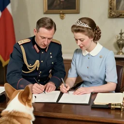 5 0 mm 1 9 4 6 historical photo, of a single german general and a young queen elizabeth signing a peace treaty, a cute corgi watches, french village interior, highly detailed, sharp focus, symmetrical face
