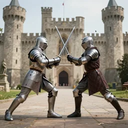 two knight is dueling with their sword, in a grand medieval castle