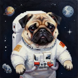 pixel art, oil canvas, highly detailed, astronaut pug in space.