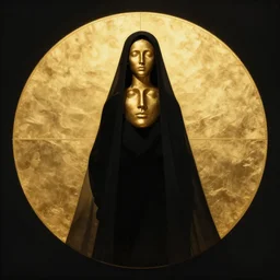 a silhouette dressed with a shroud wears a golden human face, by jean delville and sophie anderson and mandy jurgens, golden ratio, perfect composition, elegant, no crop, extremely detailed, hd, masterpiece, artstation