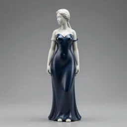 statue of a perfect woman, porcelain, silver, blue soft details, soft!!, dark blue dress ( desgined by apple ), studio photo, octane render, studio lights, macro lens