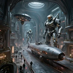 gothic zaha hadid space station, city street, interior, inspired by a nuclear reactor submarine and maschinen krieger, ilm, beeple, star citizen, halo