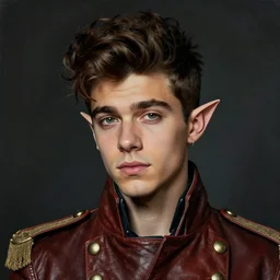 head and shoulders portrait painting of young man who looks like zayn malik as an elf by jeremy mann, wearing leather napoleonic military style jacket, only one head single portrait, pointy ears, dark background, soft top lighting