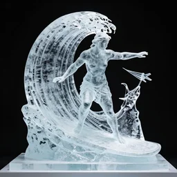 an ice sculpture of a female wave surfing, rodin, high detail,