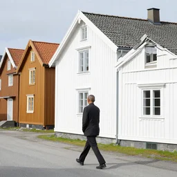 Obama walking past wooden houses in Bakklandet in Trondheim, Norway