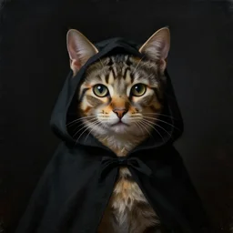 a portrait of a kitten wearing a black cloak, cloak covering face, anatomically correct, beautiful perfect face, enigmatic, oil painting, matte, black background, Volumetric dynamic lighting, Highly Detailed, Cinematic Lighting, Unreal Engine, 8k, HD, by Beksinski