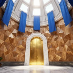 interior of a marble dome with a arch gate golden portal, polygonal wooden walls, blue banners hanging from ceiling, by peter mohrbacher dan mumford craig mullins nekro, cgsociety, pixiv, volumetric light, 3 d render