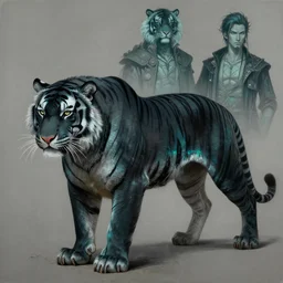 concept art of anthropomorphized tiger black and teal, highly detailed painting by dustin nguyen, akihiko yoshida, greg tocchini, 4 k, trending on artstation, 8 k