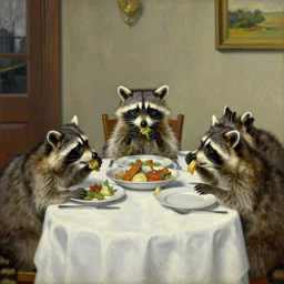 painting of raccoons eating dinner at a table, by norman rockwell, painterly