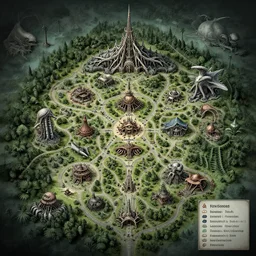 theme park map in the style of HR Giger