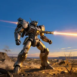 armored core v by liam wong, laser beam ; outdoor, pure blue sky, wilderness ground, golden time, twilight ; digital painting, dynamic contrast, bokeh, motion blur, photoreal, cinematic,