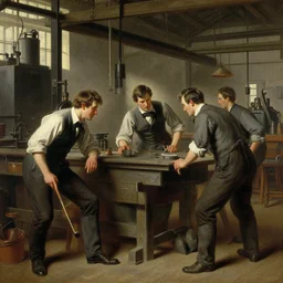attractive men working hard at an 1 9 th century factory. highly detailed painting by gaston bussiere, craig mullins, j. c. leyendecker 4 k