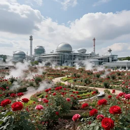 a huge and magnificent garden factory, surrounded by red roses, steam, clouds, high - definition picture quality and panoramic view.