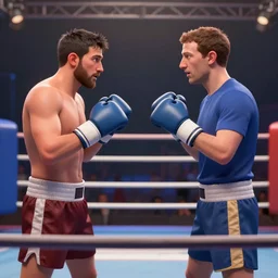 pavel durov and mark zuckerberg fight in a boxing ring, technology realism, 8 k detail, proportions, golden ratio, composition, soft light, depth of field, 3 d cartoon, focus