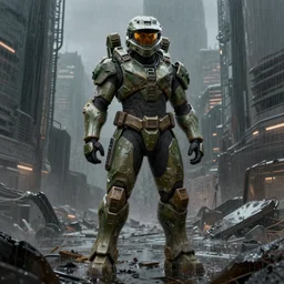 full body character portrait of a big bulky female warrior in halo spartan armor in a desolate cyberpunk wasteland city, 8 k, realistic shading, symmetrical face details, concept art, digital painting, illustration, matte painting, moody lighting, sharp focus, minimal artifacts, wet, heavy rain, rainstorm, john singer sargent, william - adolphe bouguereau