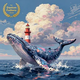 whale, sea, lighthouse, cloud, illustration, macaron color specular reflection, intricate, by danton fadeev