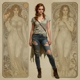 clear portrait of emma watson, somber appearance, ripped clothing, athletic, cottagecore!!, background hyper detailed, character concept, full body, dynamic pose, intricate, elegant, highly detailed, digital painting, artstation, concept art, smooth, sharp focus, illustration, art by artgerm and greg rutkowski and alphonse mucha