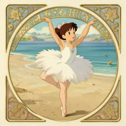 well - lit art nouveau portrait of a 1 3 - year old ballet girl dancing on the beach, natural lighting, path traced, highly detailed, high quality, cartoon, digital painting, by don bluth and ross tran and studio ghibli