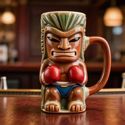 a photorealistic photograph of a Trader Vic's Tiki Mug featuring Mike Tyson boxing at bar Trending on Artstation, featured on Behance, well-rendered, Unreal Engine, 4K HD