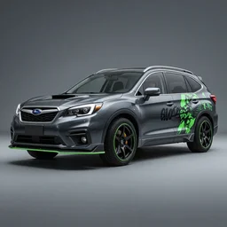 a car and driver magazine photo shot, a souped up dark grey 2019 Subaru ascent heavily modified and customized as a performance tune street racing SUV, black rims, green trim accent, samurai vinyl wrap, cinematic lighting, art station, volumetric light, low angle camera, redshift render, octane render, art station