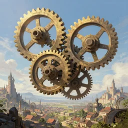 giant interlocked gears cogs floating in the sky no people clockwork, giant mechanisms, industry, villages castles, buildings vista artstation illustration sharp focus sunlit vista painted by ruan jia raymond swanland lawrence alma tadema zdzislaw beksinski tom lovell alex malveda greg staples