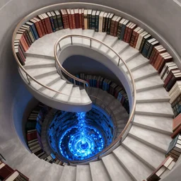 staircase of books spiraling to the bottom of a pit lit by blue lava, magnificent, close up, details, sharp focus, elegant, highly detailed, illustration, by Jordan Grimmer and greg rutkowski and PiNe(パイネ) and 薯子Imoko and 香川悠作 and wlop and maya takamura, intricate, beautiful, Trending artstation, pixiv, digital Art
