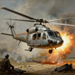 a painting of helicopter getting shot down in the gulf war by Bernardo Bellotto, high detail, hyperrealistic, concept art, artstation, 8k