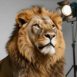 a low-angle shot of a lion,photorealiatic,hyperdetailed,hyperrealistic,studio lighting,studio photography,professional photography,professional lighting,detailed face,3 point lighting,8k