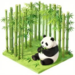 isometric view illustration of a bamboo forest and panda eating bamboo, highly detailed mid day by victo ngai