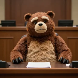 photo still of freddy fazbear animatronic testifying in court sitting behind a desk in the new sci fi movie c 8