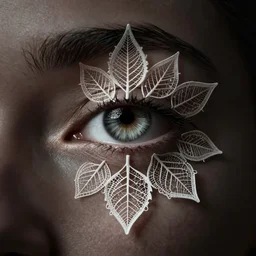 extreme close up of a woman's eye, made of intricate decorative lace leaf skeleton, in the style of the dutch masters and gregory crewdson, dark and moody
