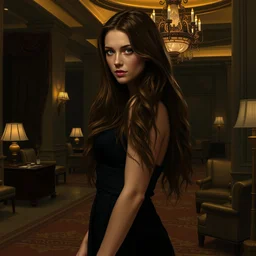 style artgerm, dean cornwell, ellen jewett : : dimly lit hotel lobby : : lobby of a hotel, furniture, walls, floors, lobby furniture : : beautiful anna kendrick with black dress, very long wavy brown hair : : detailed, cinematic lighting