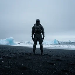 low angle cinematic shot of lone futuristic soldier in the middle of an endless black sand beach in iceland, iceberg, 2 8 mm