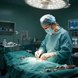 an environmental concept art of a babushka surgeon in a cluttered surgery, surgical impliments, surgery table, highly detailed, cinematic, dramatic