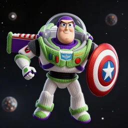 a hyper-realistic photograph of a knitted Buzz Lightyear as Captain America flying through outer space featuring shield Trending on Artstation, featured on Behance, well-rendered, Unreal Engine, 4K HD
