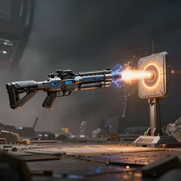 a super futuristic bazooka gun with cyber electric rocket firing from it at a robotic target