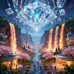 futuristic italian district on waiʻanapanapa state park during rgb season with interstellar crystalized fractual kaleidescope diamond sky, blazing fire waterfalls, lush sakura, advanced civilization, expensive shops, by peter mohrbacher, james jean, james gilleard, greg rutkowski, rule of thirds, octane render, beautiful