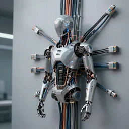 a cyborg bound to a wall with numerous data cables, octane render, sci-fi, futuristic, trending on artstation, extremely detailed