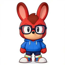 picture of a cute red anthropomorphic rabbit with brown hair and eyes, glasses, wearing cool glasses, a blue hoodie, dark blue shorts, and multicoloured shoes, hd resolution, drawn in the style of the sonic the hedgehog video game series,