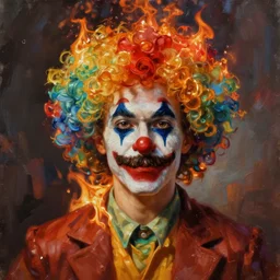 oil matte painting, man with a mustache and clown wig on fire. digital painting, fantasy, concept art, cinematic colors, realistic shaded. by ilya kuvshinov, magali villeneuve, artgerm, greg rutkowski