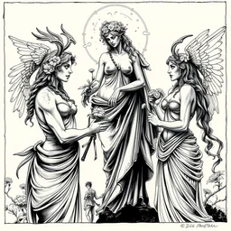 ares giving flowers to confused hades, stumped aphrodite in the background, greek mythology, safe for work, ink painting, ultra detailed, concept art, 8 k