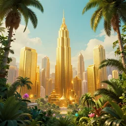 golden city in a vaporwave jungle, 4k, ultra realistic, award winning photograph