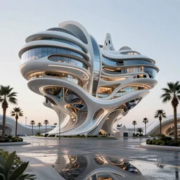 highly detailed futuristic floating  architecture by Antoni Gaudí and Santiago Calatrava, reflective lighting, empty streetscapes, palm trees, ground-level view, puddles of water, stunning sunny lighting, sunrise, vivid colors, in the style of pixar animation, trending on Artstation, 8k, matte painting, ray tracing, hyper detailed, unreal engine 5, cinematic, epic lighting, cryengine, octane render, cyberpunk, red and orange glow, vibrant