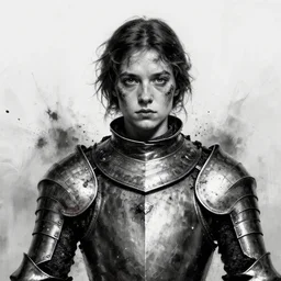 close portrait of the young french warrior joan of arc in armor, with a dirty face, dramatic, splatter painting, black and white, trending on artstation, by hua tunan