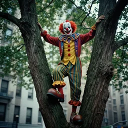a clown climbing a tree in nyc. high dynamic range. no expression. cinematic, toy camera, real time, high detail, moody, engaging