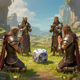 people in fantasy armor praying to dice that say rng